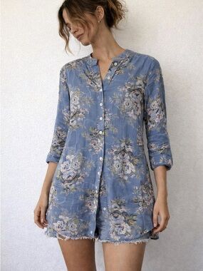 April Cornell‎ Blue Cottage Prairie Floral Button Front Tunic Dress XXS